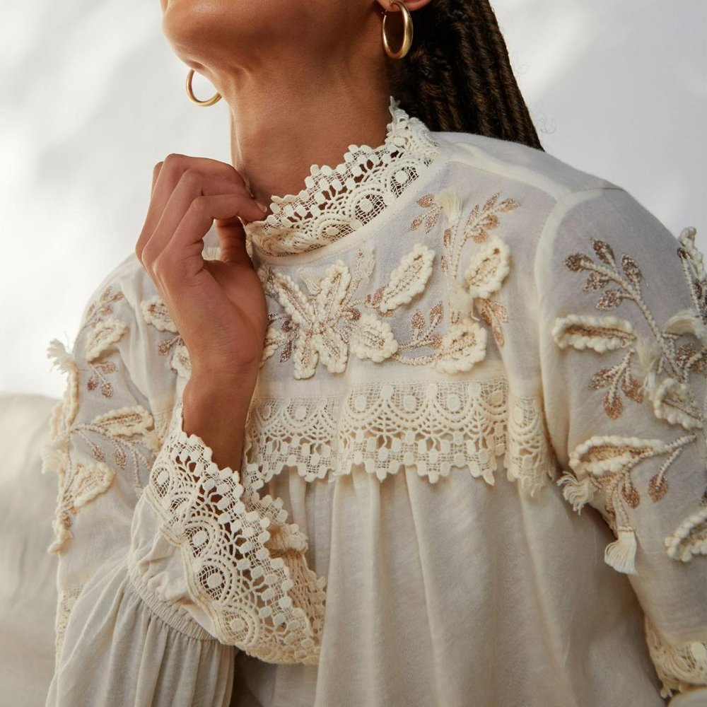 Anthropologie Jemma Lace Top XS Boho Lace Pullover Top Embroidered Blouse Ivory